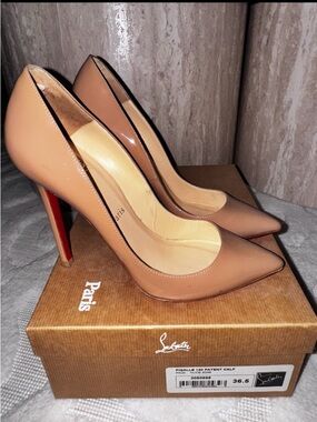 Christian Louboutin Nude Patent Pointed-Toe Pumps with Red Soles